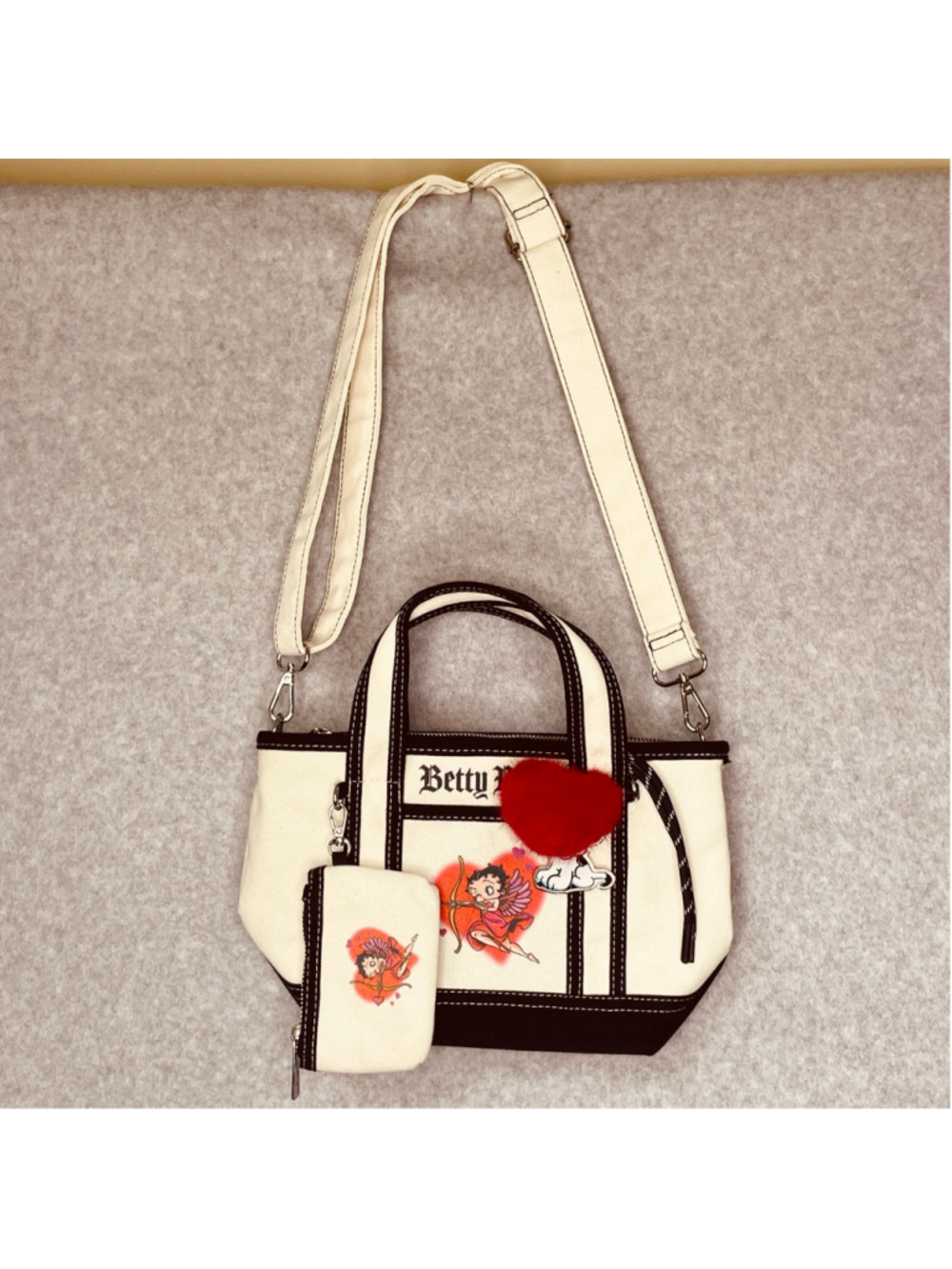 Betty Boop Cupid Angel Canvas Tote Crossbody Bag Wallet Charm Set